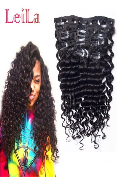 

peruvian virgin hair clip in hair extensions deep wave curly 70120g full head 7 pieces one set8576083, Black;brown