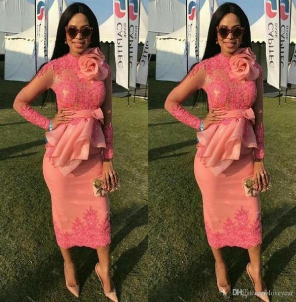 

african appliqued lace evening dresses long sleeves evening gowns tea length sheath short prom dress custom made formal dresses2294550, Black;red