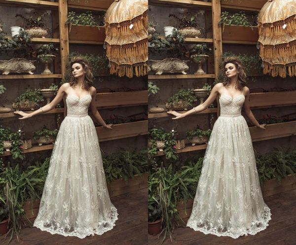 

2019 julie vino wedding dresses a line spaghetti appliques belt lace wedding dress illusion bodice vintage garden beach boho weddi3158537, White