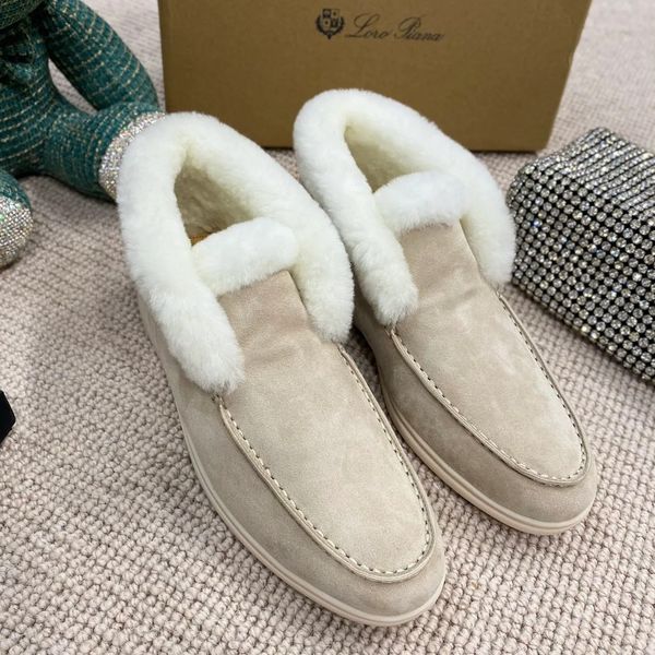 

mens women sports shoes winter fur dress shoes casual walking sneakers suede leather loro designer open walk dresses boots 35-46 with box, Black