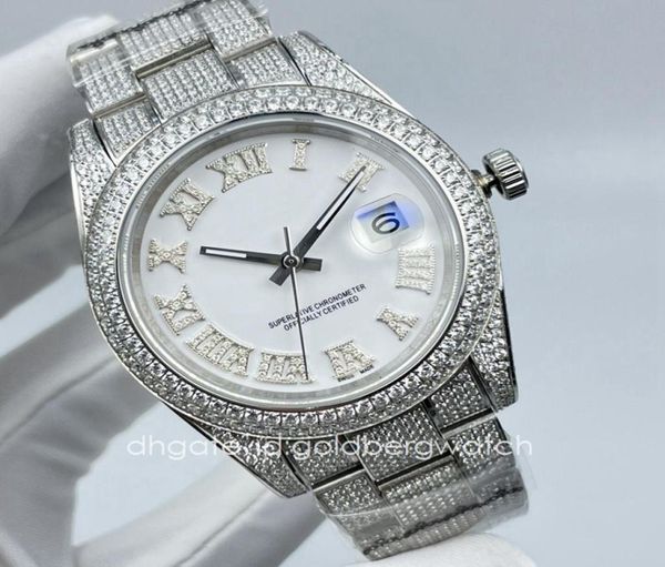 

mechanical watches fashion business silver mens watch datejust 126334 ice out diamond watch sapphire glass white roman numerals di9650003