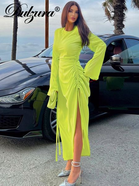 

urban dresses dulzura autumn satin ruched y2k clothes long sleeve side slit bodycon midi for women club party elegant outfit 230719, White;black