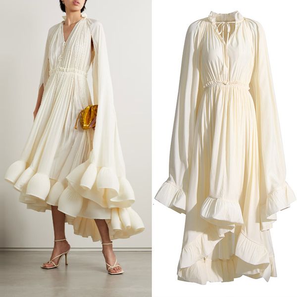 

urban dresses luxury ruffles irregular solid for women v neck cloak sleeves high waist spliced lace up loose folds dress summer female 23071, White;black