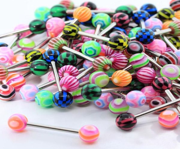 

100pcs mix style barbell bar tongue piercing rings fashion stainless steel mixed candy colors men women body jewelry2737764, Silver