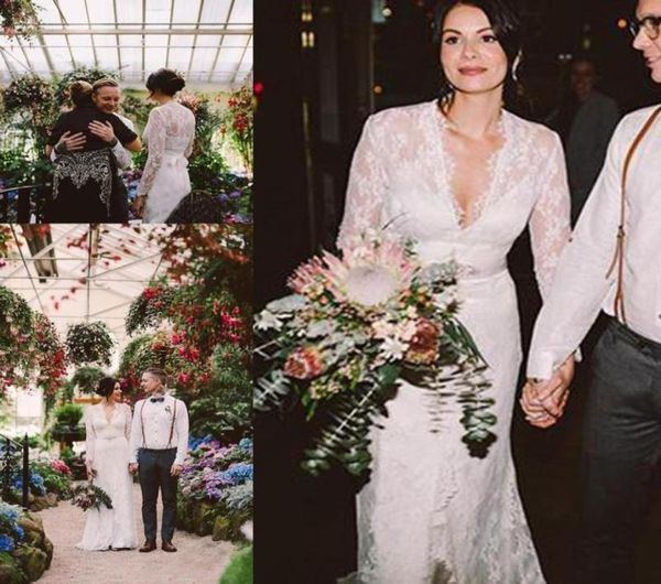 

2020 boho lace country garden bridal gowns deep v neck long sleeves sheath wedding dresses floor length plus size robes de mariee 8709063, White