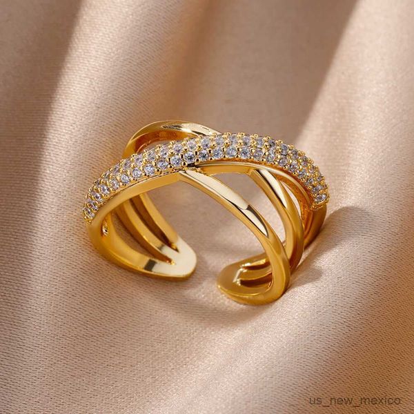 

band rings cross zircon rings for women gold plated opening stainless steel ring 2023 fashion luxury wedding band jewerly r230719, Silver