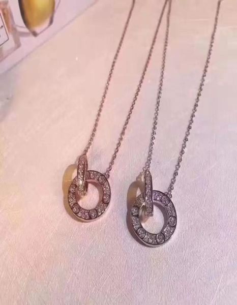

double ring pendant necklace love designer necklaces full diamonds jewelry for women men titanium steel clavicle chain lovers gift4539440, Silver
