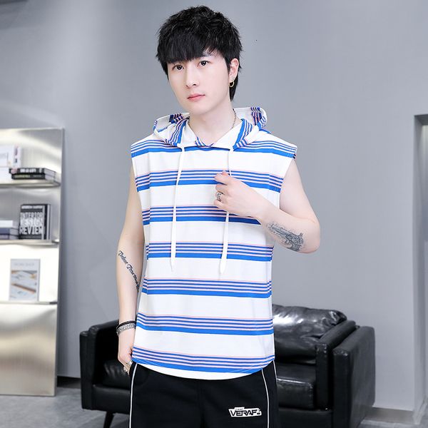 

men' tank summer men' cotton stripe hooded vest casual fashion sweatshirt sleeveless vest youth gym outdoor slim fit t-shirt 23, White;black