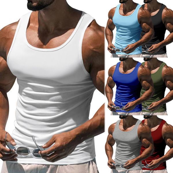 

2023 european american summer fitness training tank men's t-shirts solid color man's thin racerback vest tees male style, White;black