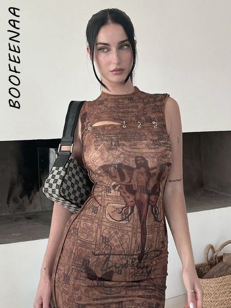 

basic casual dresses boofeenaa y2k vintage print flared hem maxi for woman vestidos aesthetic cut out sleeveless bodycon dress c85 dz25 2307, Black;gray