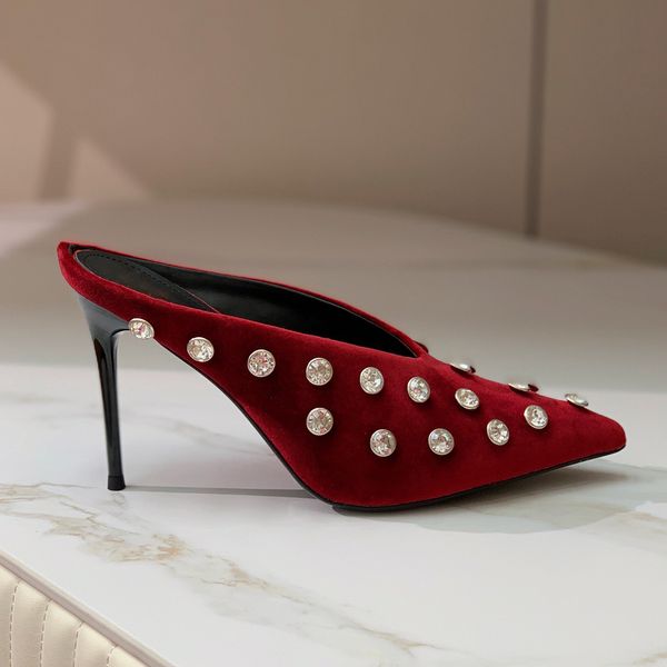 

ladies slippers designer womens shoes luxury pointed velvet scuffs summer 9.5cm high heel sandals fashion rhinestone dresses booties quality, Black