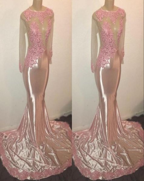 

elegant long sleeves crew appliques prom party dresses 2019 pink mermaid sweep train evening gowns custom made8685126, Black