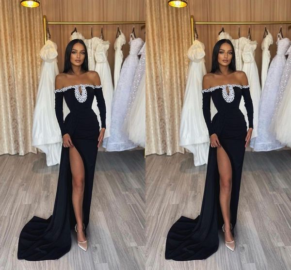 

black sheath prom dresses long for women off shoulder high side split long sleeves pearls draped party dress formal birthday pageant celebri