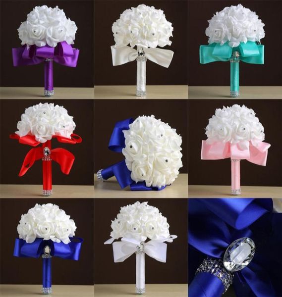 

2021 new artificial wedding bouquets rhinestone foam roses brooch wedding bridal bridesmaid posy bouquet satin cpa15495828567