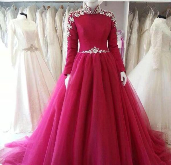 

fuchsia high neck muslim evening dress long sleeves abaya islamic arabic prom dresses 2015 vestidos de festa dubai formal party go1244564, Black;red