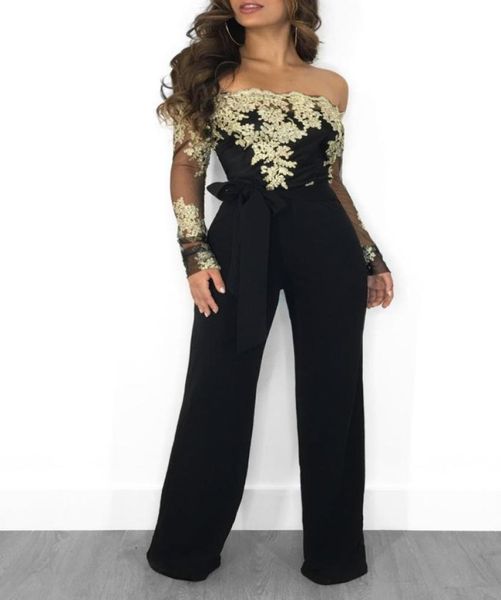 

lace patchwork jumpsuit women off shoulder slash neck long sleeve women jumpsuit elegant slim wide pants7961221, Black;white
