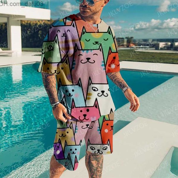 

men's tracksuits summer 2017 men's 2pcs 3d cartoon cat print oversized men's o-neck sweatshirt z230719, Gray