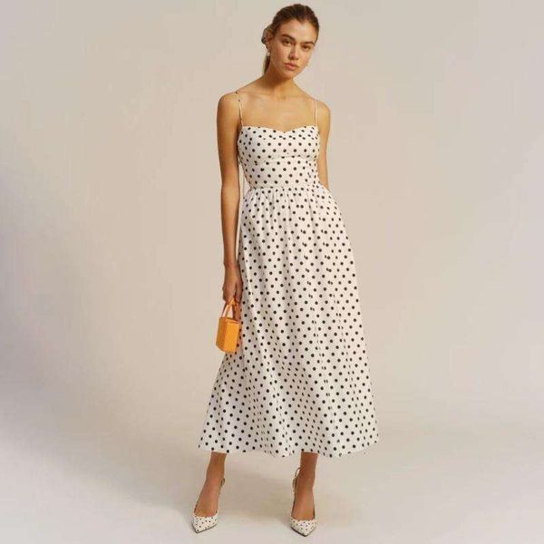 

summer womens polka dot printed lace strap mid long dress wholesale, Black;gray
