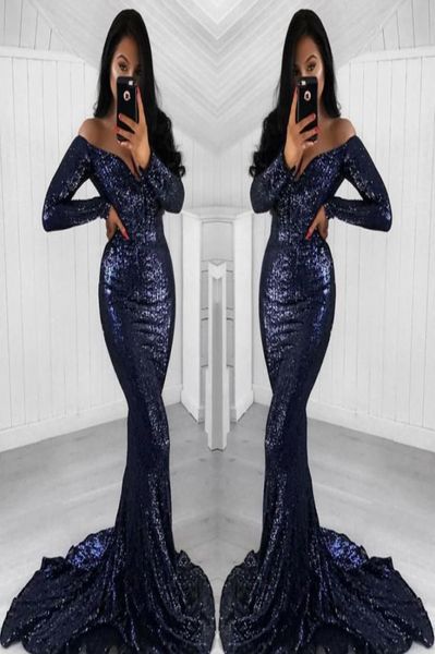 

2019 navy blue sequined prom dress long sleeves formal pageant holidays wear graduation evening party gown custom made plus s7868180, Black