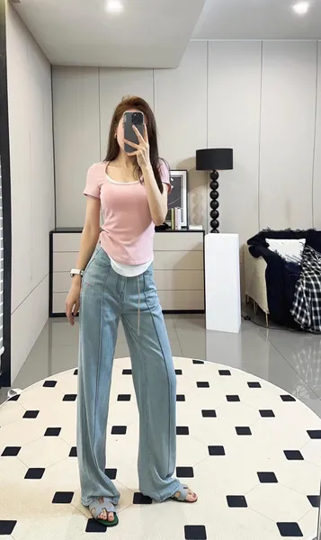 

2023 Womens jeans high-waisted designer straight-through wide leg pants show thin women casual pants Size S- H9, Blue