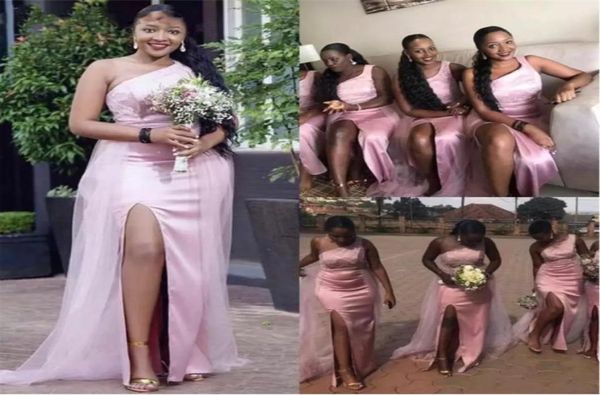 

one shoulder bridesmaid dresses mermaid side slit silk satin lace bridesmaid dresses lace up wedding party bridemaid dresses4004755, White;pink