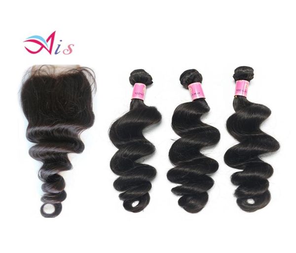 

new style brazilian indian malaysian peruvian human hair 3 bundles loose wave hair weave with a lace closure7628886, Black