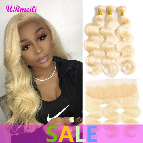 

remy blonde color hair body wave 3 4 bundles with 4x4 ear to ear lace frontal closure brazilian virgin human 613# blonde hair273l, Black;brown