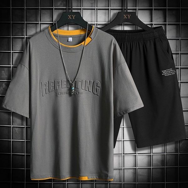 

men's tracksuits summer casual men sets tracksuit fashion o-neck t-shirt shorts patchwork 2 piece set mens loose solid color sports wea, Gray