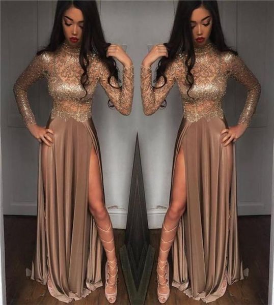 

2k18 new black girls sparkling sequined sheer long sleeves prom dresses high neck split formal party evening gowns5779577, Black;red