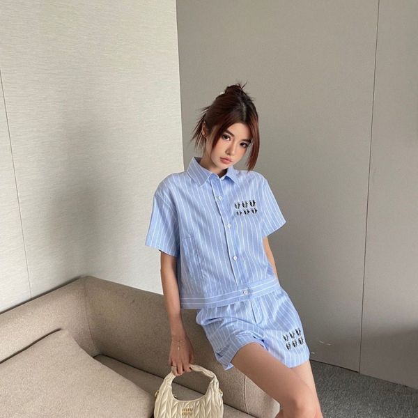 

women t shirt shorts set blue letter striped blouse short outfit ins summer casual set casual w4o0#, Black