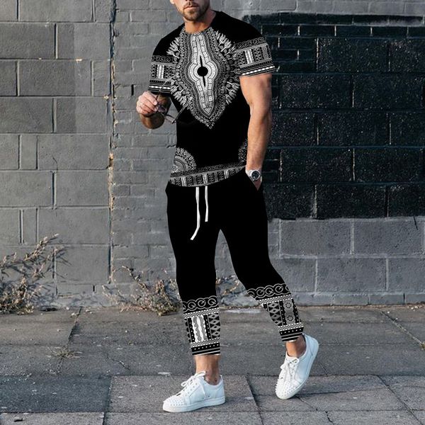 

men's tracksuits men suits 3d print african totem sportwear suit short sleeve tshirt long pants man 2 piece sets men tracksuit oversize, Gray