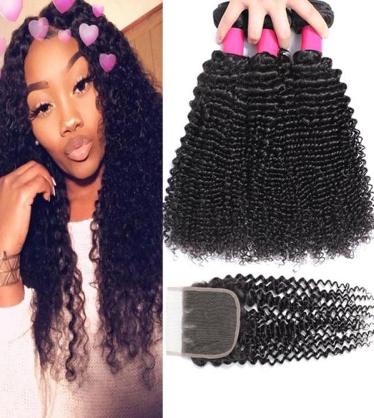

9a brazilian curly virgin hair 3 bundles with lace closure or middle part brazilian kinky curly virgin hair brazilian curly h1694092, Black