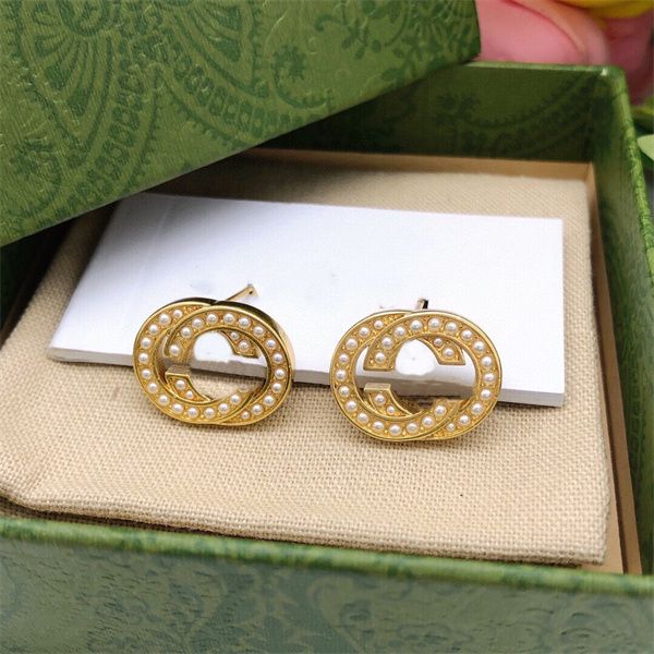 

luxury stud double letter g designer brand ggity earrings vintage brass crystal stone earring women's party jewelry gift box 74345, Golden;silver