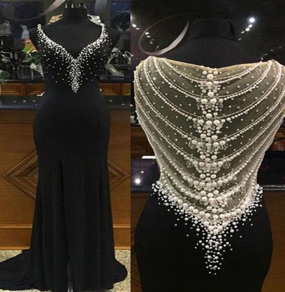 

deep vneck 2019 mermaid evening dresses sweep train long formal black chiffon prom dresses pearls beadings mother brides dress pa7199089, Black;red