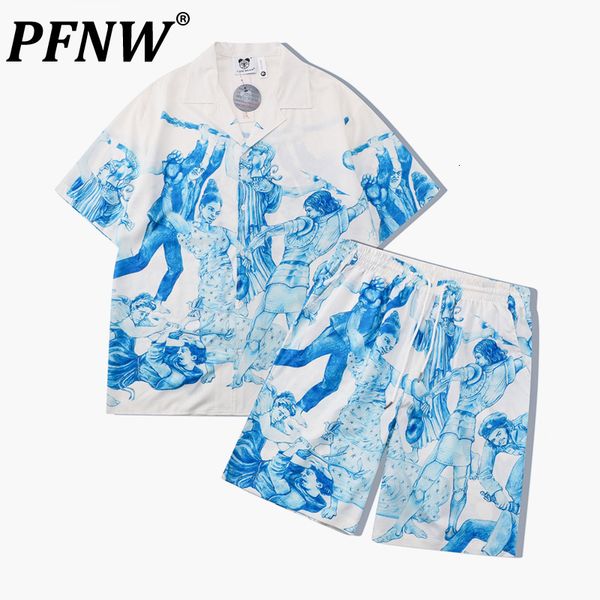 

men's tracksuits pfnw summer trendy figure digital printing shorts set y2k niche design lapel loose casual short sleeve shirts 12z1536, Gray