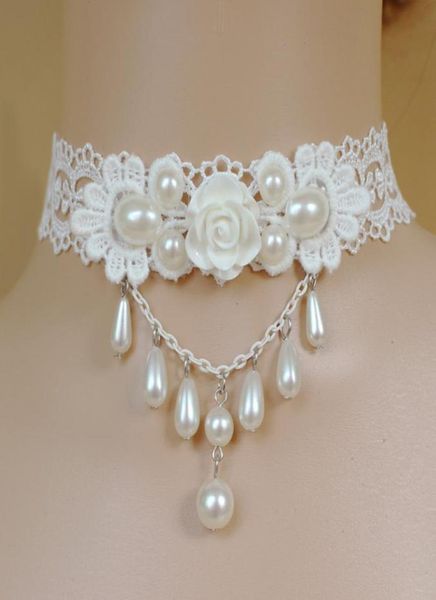 

vintage fashion lace choker faux pearl jewelry necklace for bridal boho handmade adjustable wedding accessories whole3713126, White