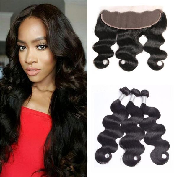 

brazilian body wave human hair weaves 3 bundles with 13x4 transparent lace frontals preplucked natural hairline9288549, Black