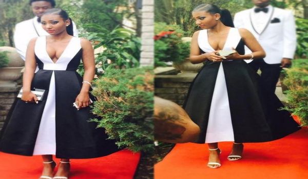 

elegant black and white prom dresses 2016 deep v neck sleeveless tea length evening gowns backless south africa formal party dress1713197