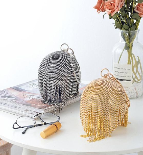 

sliver diamonds handbag women round ball bag crystal evening clutch purse with tassel glitter rhinestones handbag for wedding part2381556, Black