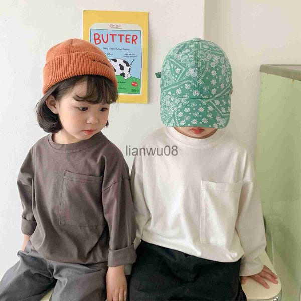 

t-shirts boys girls cotton allmatch longsleeved tees 2022 spring solid color base t shirts x0719, Blue