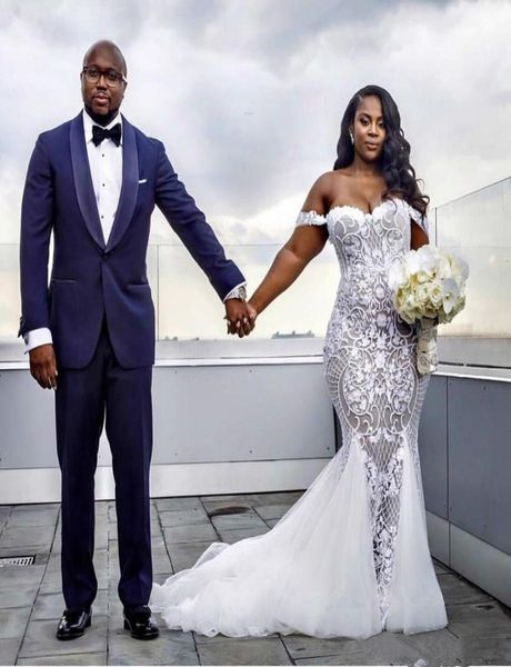 

modest mermaid wedding dresses lace applique trumpet bridal gowns off shoulder beach plus size wedding dress8471629, White