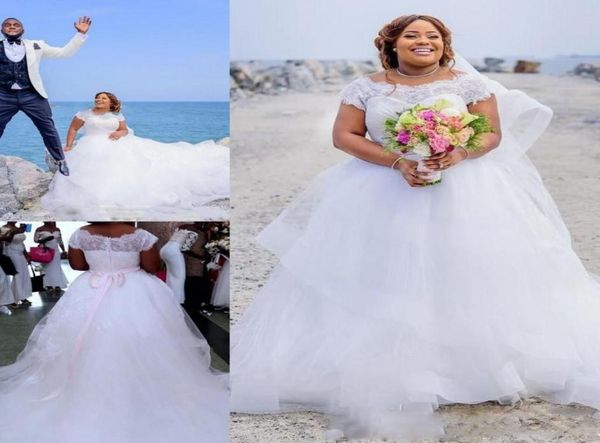 

gorgeous ruffle short sleeve wedding dresses lace sleeves a line beach bridal gowns with sash tulle puffy bridal wedding gowns 2051034804, White