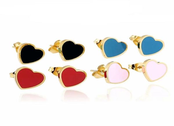 

women enamel green pink blue red heart stud earrings stainless jewelry turn to hearts charms earring8099881, Golden;silver