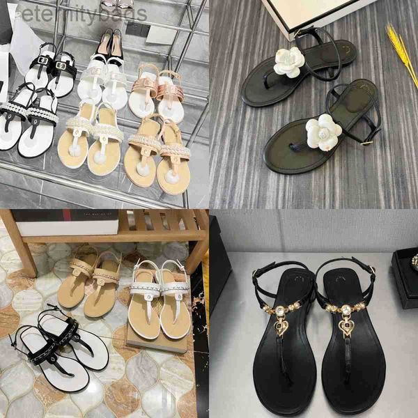 

channel c branded lambskin flip flops crystal rhinestone thong sandal pearl chain camellia slides slippers interlocking slingback designer w, Black