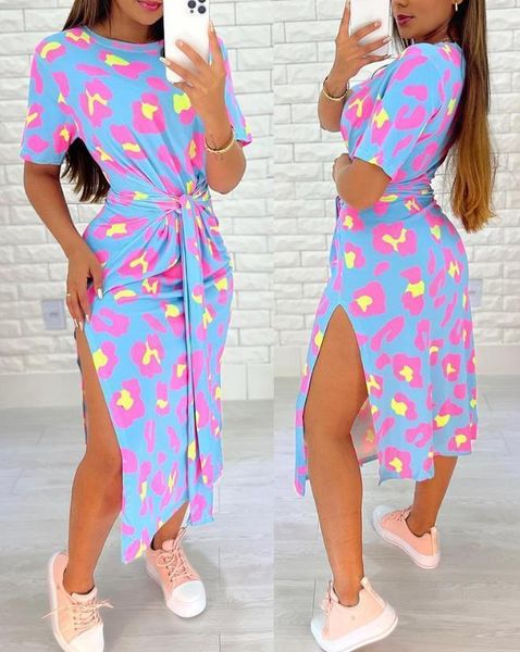 

urban dresse 's fashion 2023 summer pink leopard print tied detail slit side split skirt casual waist retraction dress 230719, White;black