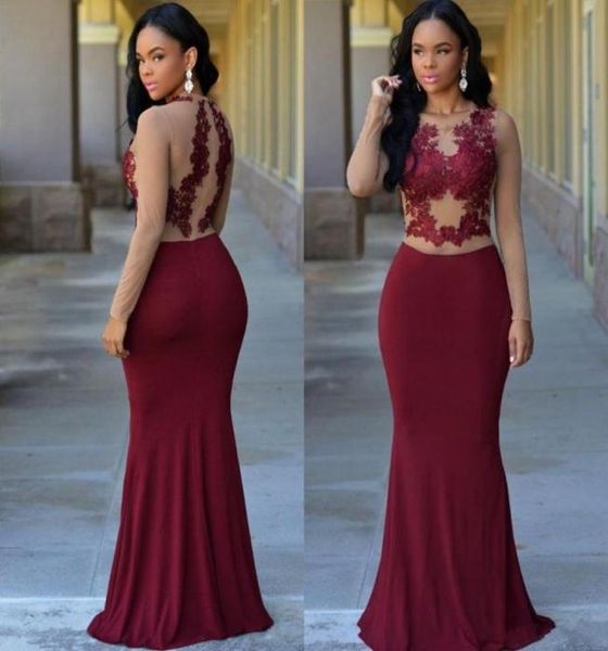 

2019 modest dresses evening wear elegant arabic dress sheer lace applique jewel long sleeve burgundy mermaid chiffon celebrit1453373, Black;red