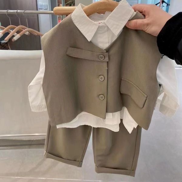 

clothing sets children shirts turndown collar vest single breasted pants ankle length loose solid soft simple casual autumn boys 230718, White