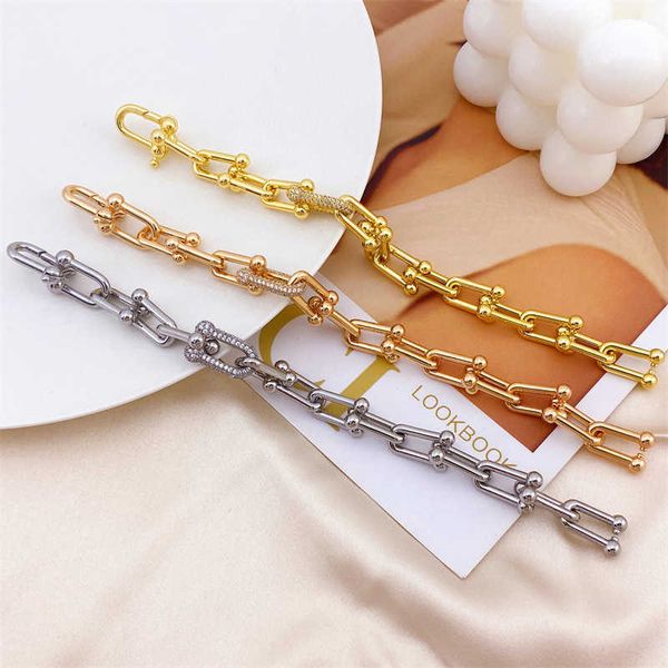 

designer tiffay u-shaped hook horseshoe thick bracelet punk creative micro diamond ins women's men's korean bamboo joint titanium, Black