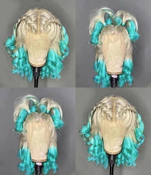 

2021 fashion 360 frontal short wavy wigs blonde ombre green color brazilian hair synthetic lace front wig for women cosplay1860369, Black