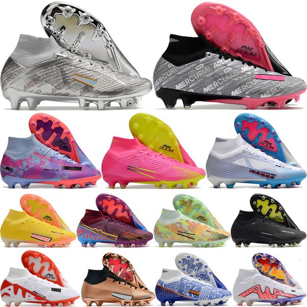 

send with bag quality soccer boots mercurial superfly 9 elite ag high ankle socks football cleats mens soft leather comfortable trainers cr7, Black